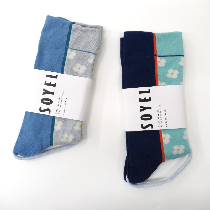 SOYEL 切替花総柄ハイクルーソックス 【日本製】